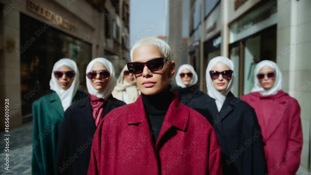 A group of stylish and confident diverse women wearing sunglasses walks down a city street, representing modern fashion, multicultural diversity and female empowerment A group of stylish and confident diverse women wearing sunglasses walks down a city street, representing modern fashion, multicultural diversity and female empowerment