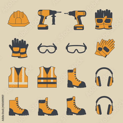 A vector illustration showcases an array of construction safety equipment, including hard hats, gloves, vests, boots, goggles, drills, and earmuffs on a tan background.