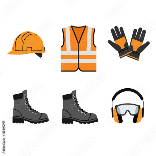 Safety equipment including hard hat, vest, gloves, boots, earmuffs, and goggles for construction or industrial work.