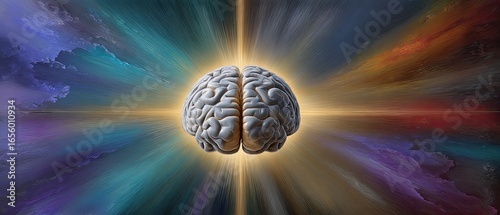 A vibrant, abstract depiction of a human brain illuminated against a colorful background, symbolizing creativity and cognitive processes.