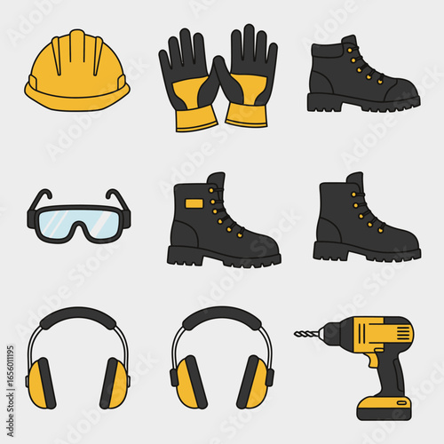 Safety equipment icons: hard hat, gloves, safety glasses, earmuffs, work boots, and a cordless drill, ideal for construction, industrial, and manufacturing websites and apps.