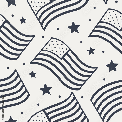 Dark blue American flags and stars on light cream background seamless pattern usa flag