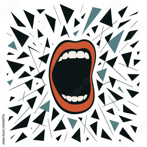 Geometric Abstract Screaming Mouth silhouette, Graphic Expression of Anger, Conceptual Art of Frustration, Modern Design of a Loud Voice.