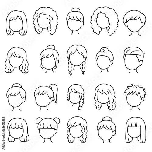  Collection of diverse hairstyle vector illustrations featuring various styles such as curly, straight, and short. Ideal for design projects