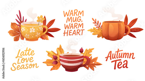 Cozy autumn mugs with yellow leaves and inscriptions. Cup with hot drink for fall design. Vector cartoon gradient with grainy texture