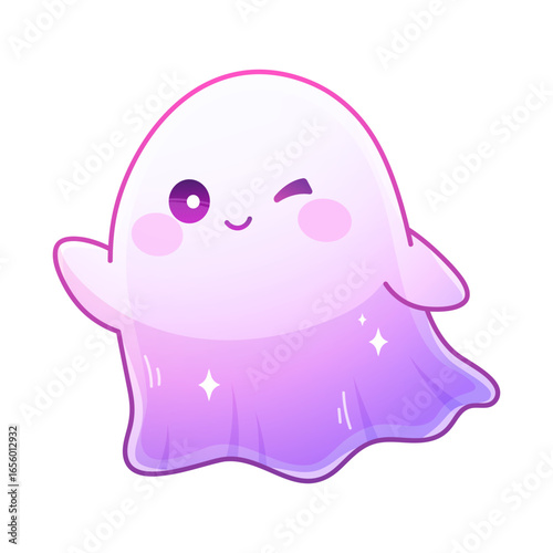 Kawaii ghost waving its hand. Little ghost, cute spook on white background. Vector cartoon character