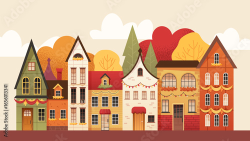 Autumn cityscape with Scandinavian style houses. Cute fall houses with leaves and yellow, orange trees. Vector seasonal background