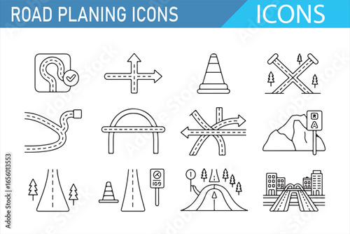 Roadway Design Icons Representing Roads, Intersections, and Urban Planning Elements