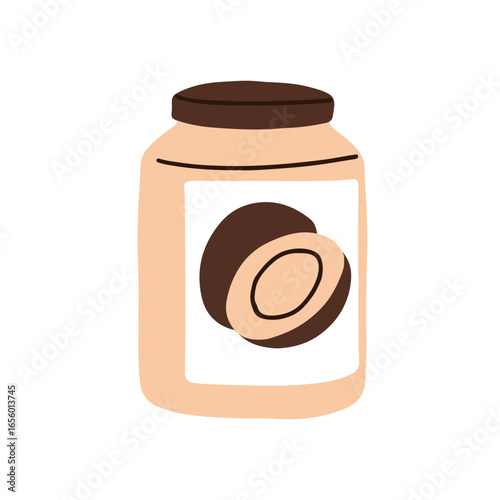 Coconut oil jar. Natural organic cosmetic cream in container package. Tropical exotic food product for cooking. Healthy vitamin butter. Flat vector illustration isolated on white background
