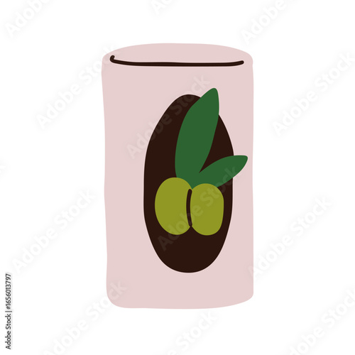 Green olives preserved in jar. Marinated pickled fruits in brine. Mediterranean snack, Italian appetizer. Healthy organic food ingredient. Flat vector illustration isolated on white background