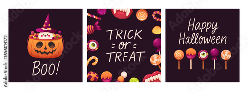 Set of square postcards with handwritten inscriptions. Trick or treat, happy Halloween, boo. Posters, printed postcards