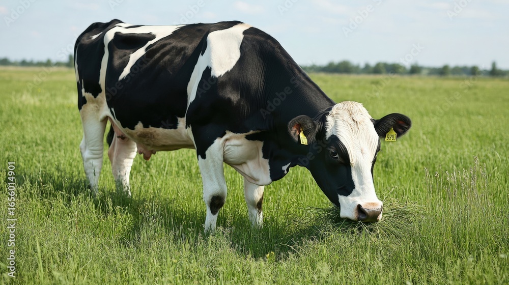 A Grass Eating Cow in a Green Landscape A Grass Eating Cow in a Green Landscape