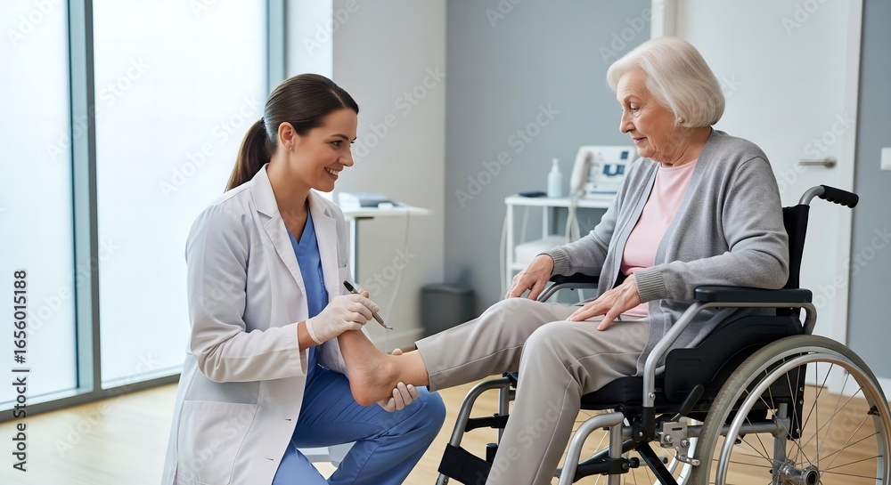Obraz premium Gentle Steps to Wellness: A Podiatrist Carefully Examines the Foot of a Senior Woman.