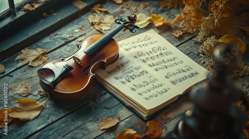 Violin and music sheets on wooden table, top view. Space for text