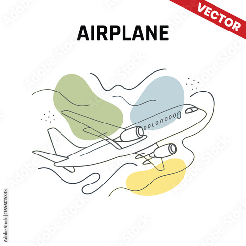 Minimalist airplane vector illustration with soft colors and abstract background elements, showcasing a modern airliner flying through the sky