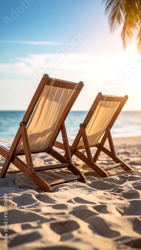 Relaxing beach chairs at sunset