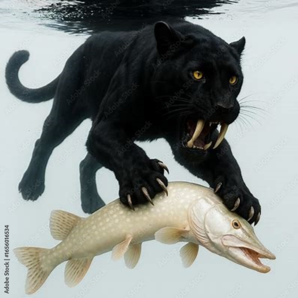 Obraz premium Melanic Sabertooth tiger with prey in the wtaer