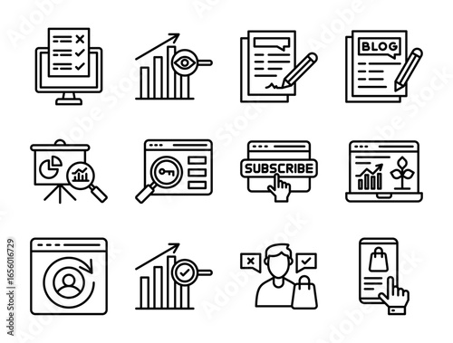 Collection of Digital Marketing icons, related to market research, online business, blogging, impression rate, customer behavior and more. Outline icons vector illustation.