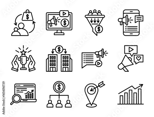 Collection of Digital Marketing icons, related to paid content, sales funnel, mobile marketing, growth, b2b and more. Outline icons vector illustation.