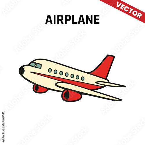 Stylized vector image of a small airplane with red accents and clear details, flying upwards