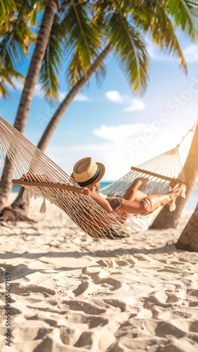 Relaxing beach scene with a person in a hammock