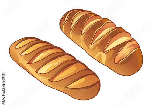 Delicious illustration of two golden-brown loaves of fresh bread with slashes on top enhancing their appearance. Food concept
