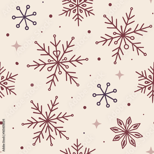 Hand drawn burgundy and purple snowflakes and stars seamless pattern winter