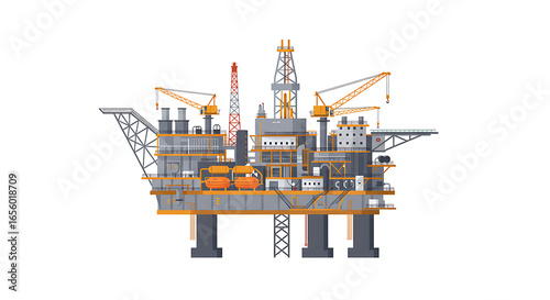 Offshore oil rig platform for gas and petroleum production. Vector illustration of an industrial drilling complex isolated on a white background.