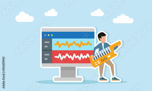 Young man playing keytar near monitor showing audio mixing app illustration of appreciation for celebration of music day or music festival