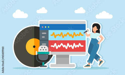 Young woman singing near monitor showing audio mixing app with vinyl record and microphone illustration of appreciation for celebration of music day or music festival