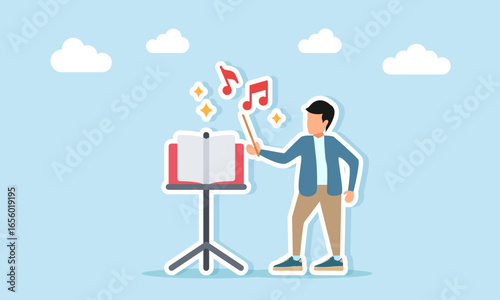 Young man as conductor or music composer with musical notes and sparkling icons illustration of appreciation for celebration of music day or music festival