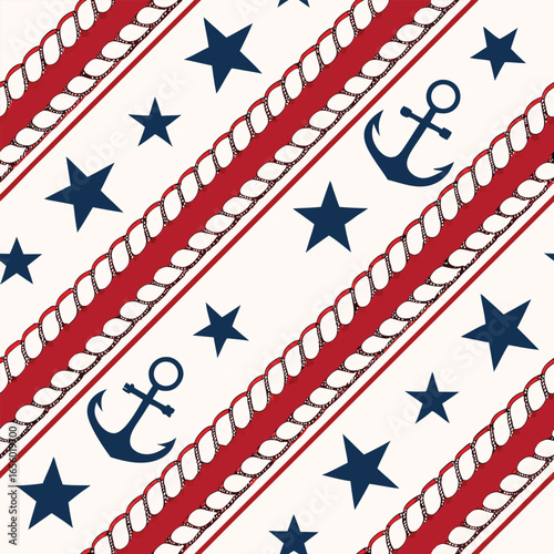 Navy blue anchors and stars on cream background with red and rope pattern vector