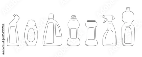 Collection of bottles with cleaning products. Set of plastic packaging for household chemicals. Doodle vector illustration isolated on white background