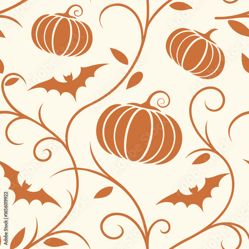 Orange pumpkins and bats on a cream background with swirling vines Halloween