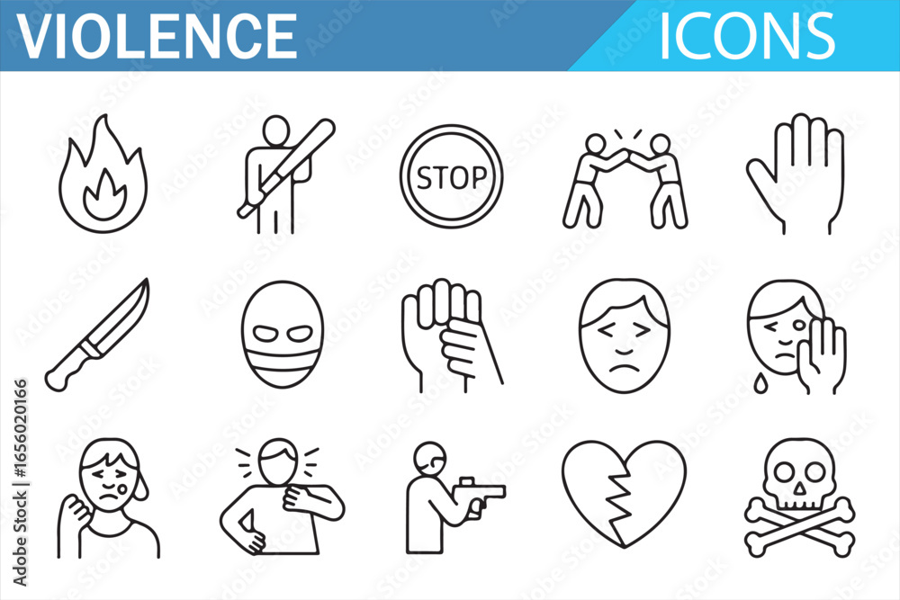 Fototapeta premium Vector icons of physical aggression, injuries, and threats, perfect for social issue illustrations. 