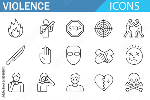 Vector icons representing danger, violence, and emergency situations for crisis communication.
