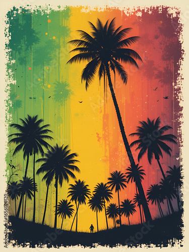 The grunge strip uses reggae colors with silhouettes of coconut trees.