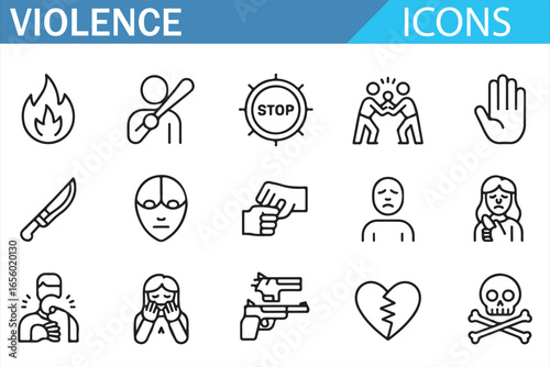 Simple line icons for depicting violent acts such as fights, gun threats, and harm in educational materials.
