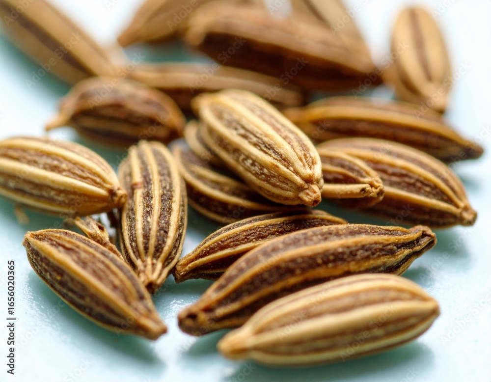 Obraz premium Macro photo of cumin seeds scattered across a smooth deep teal surface