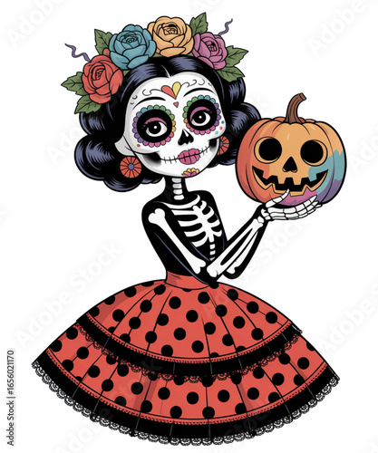 Celebrating dia de los muertos a colorful skeleton girl with pumpkin festive atmosphere digital art joyful spirit cultural significance