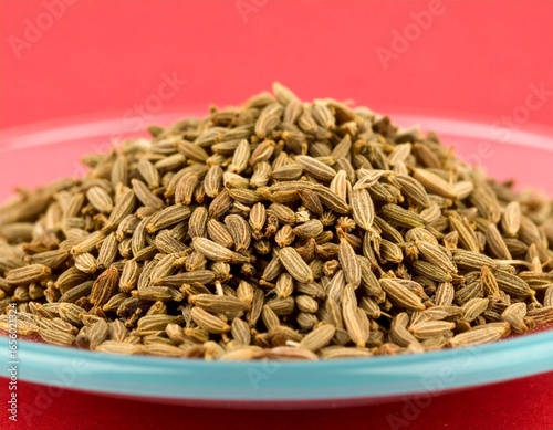 Macro photo of cumin seeds resting on a glossy acrylic plate, red color studio background 