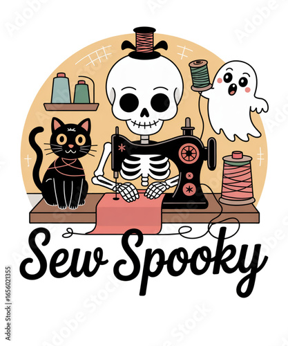 Sewing spooky halloween decor with skeleton cat and ghost in a cozy studio whimsical illustration friendly atmosphere creative crafting concept