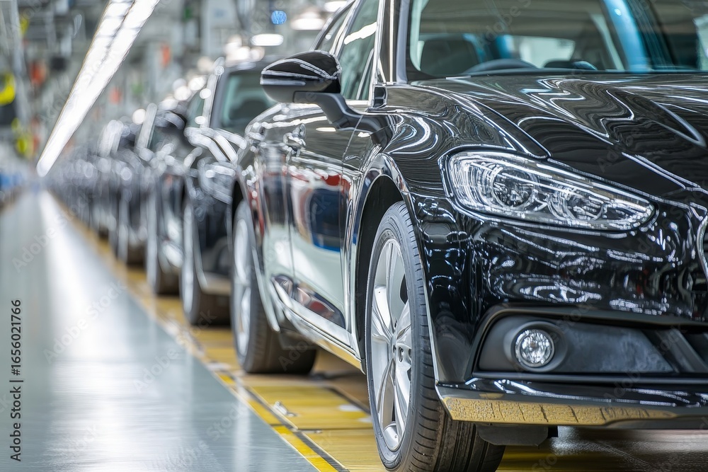 Fototapeta premium Shiny black vehicles lined up on production line, showcasing automotive manufacturing.