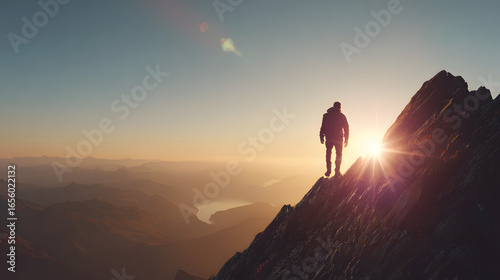 Silhouette of a person atop a rugged mountain peak, facing the sun, symbolizing success, adventure, and the beauty of the outdoors.