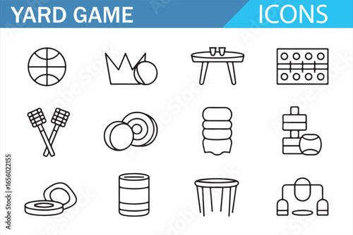 Collection of outdoor yard games icons in simple line design, perfect for sports-themed projects.