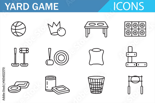 A set of hand-drawn icons of yard games including basketball, cornhole, and horseshoes.