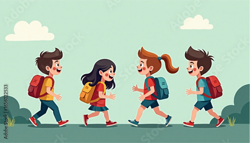 A group of joyful children with backpacks are happily walking to school together on a sunny day