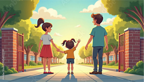 A little girl waves her hand happily, starting her first day of school on a sunny morning