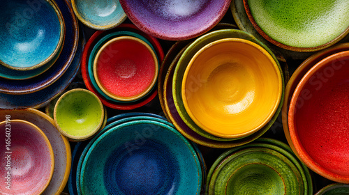 A vibrant collection of colorful ceramic bowls and plates are stacked, showcasing a lively and eclectic aesthetic, top-down.