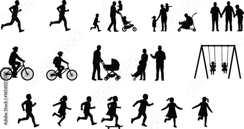 Family outdoor activities silhouette, parents with children walking, running, biking, playing, stroller, swings, healthy lifestyle, fun, togetherness, nature, exercise